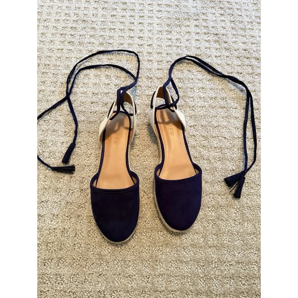 Women's J.Crew Microsuede Lace-Up Espadrilles Flats Navy Size 6 J0839